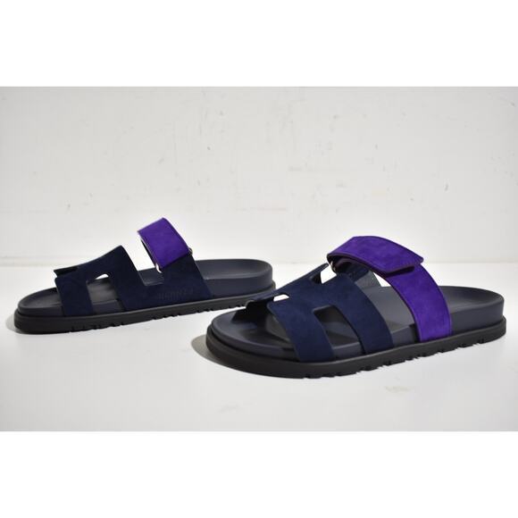 Hermes Chypre Sandal Black Violet Purple Blue H Logo Strap Slide Slip On Flat 37 - Picture 9 of 12